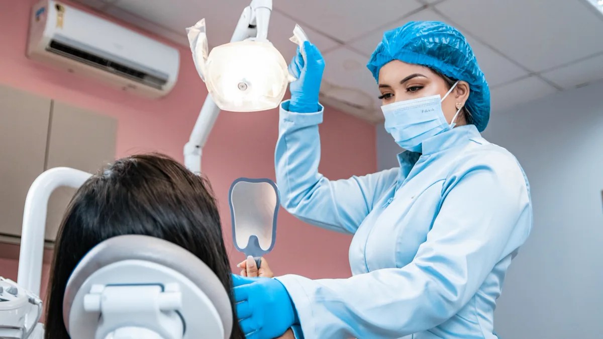Dentist preparing to examine a patient seated in a dental chair