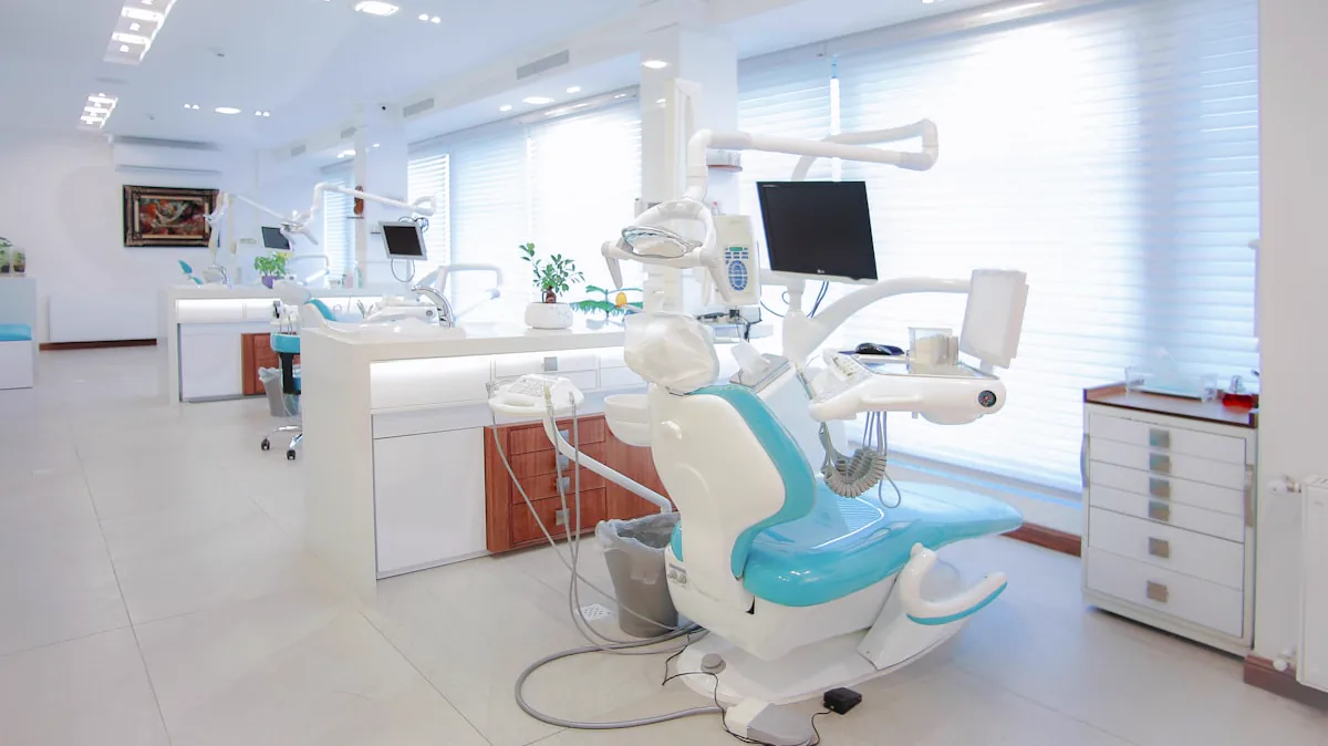 Bright dental treatment room with a dental chair