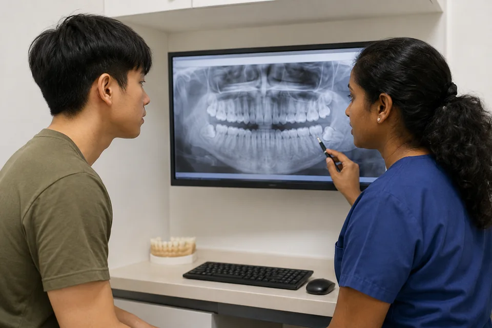 Dentist pointing at a panoramic dental X-ray on a monitor while a patient looks on